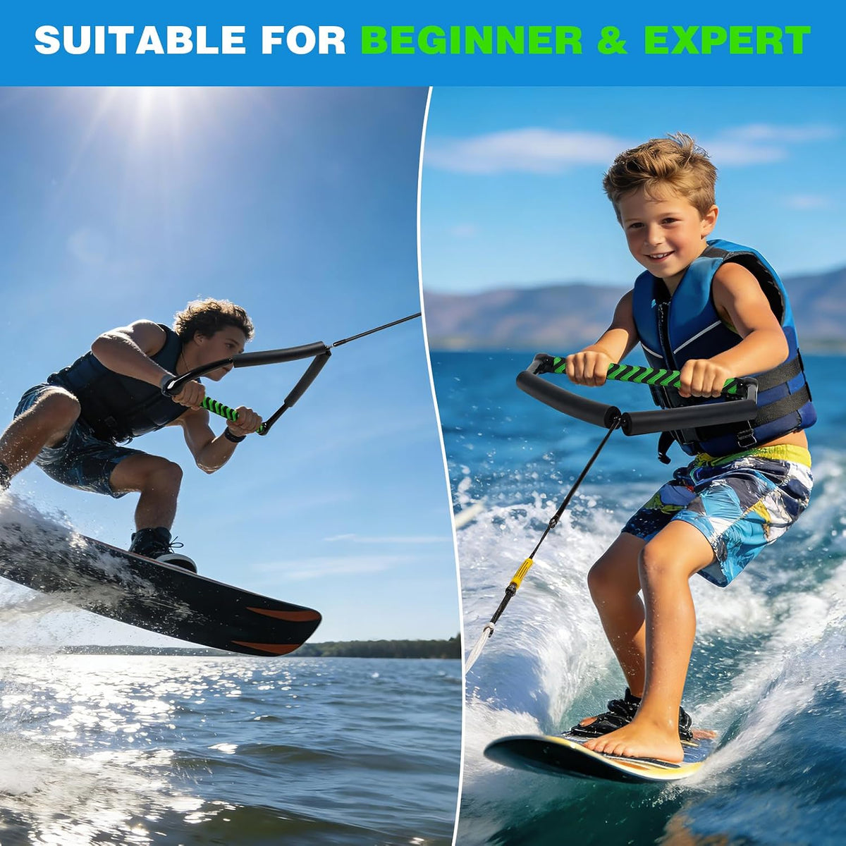 75FT No Stretch Wakeboard Rope and Handle, Floating Dyneema Wakeboard Tow Rope, 4 Sections Adjustable Water Ski Ropes for Wakeboarding, Waterskiing, Kneeboarding and Wakesurfing