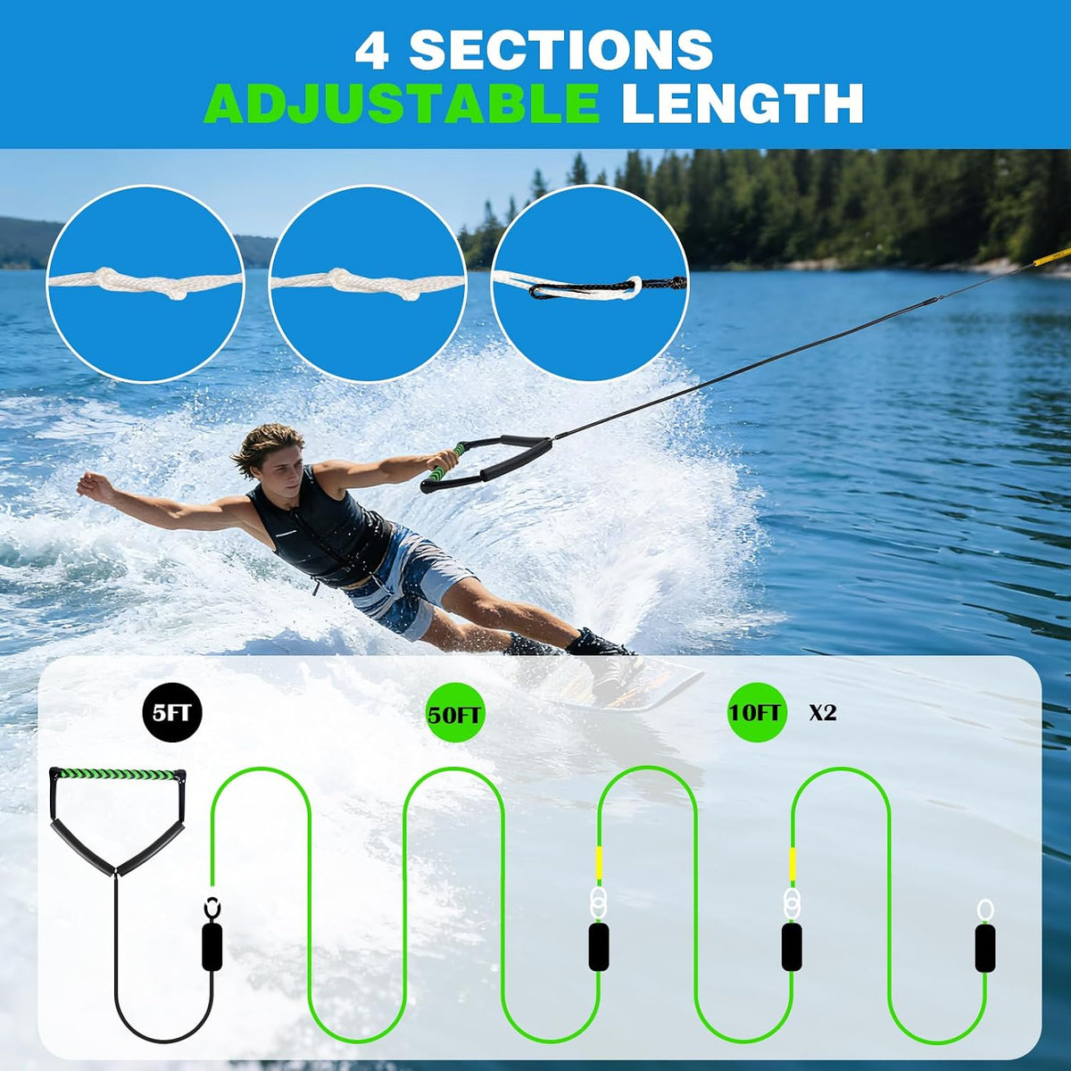 75FT No Stretch Wakeboard Rope and Handle, Floating Dyneema Wakeboard Tow Rope, 4 Sections Adjustable Water Ski Ropes for Wakeboarding, Waterskiing, Kneeboarding and Wakesurfing
