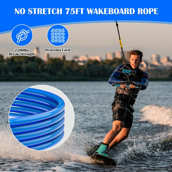 Wakeboard Tow Rope Built for Performance, 75FT Dyneema Construction, 2200 lb Break Strength, 4-Section Design
